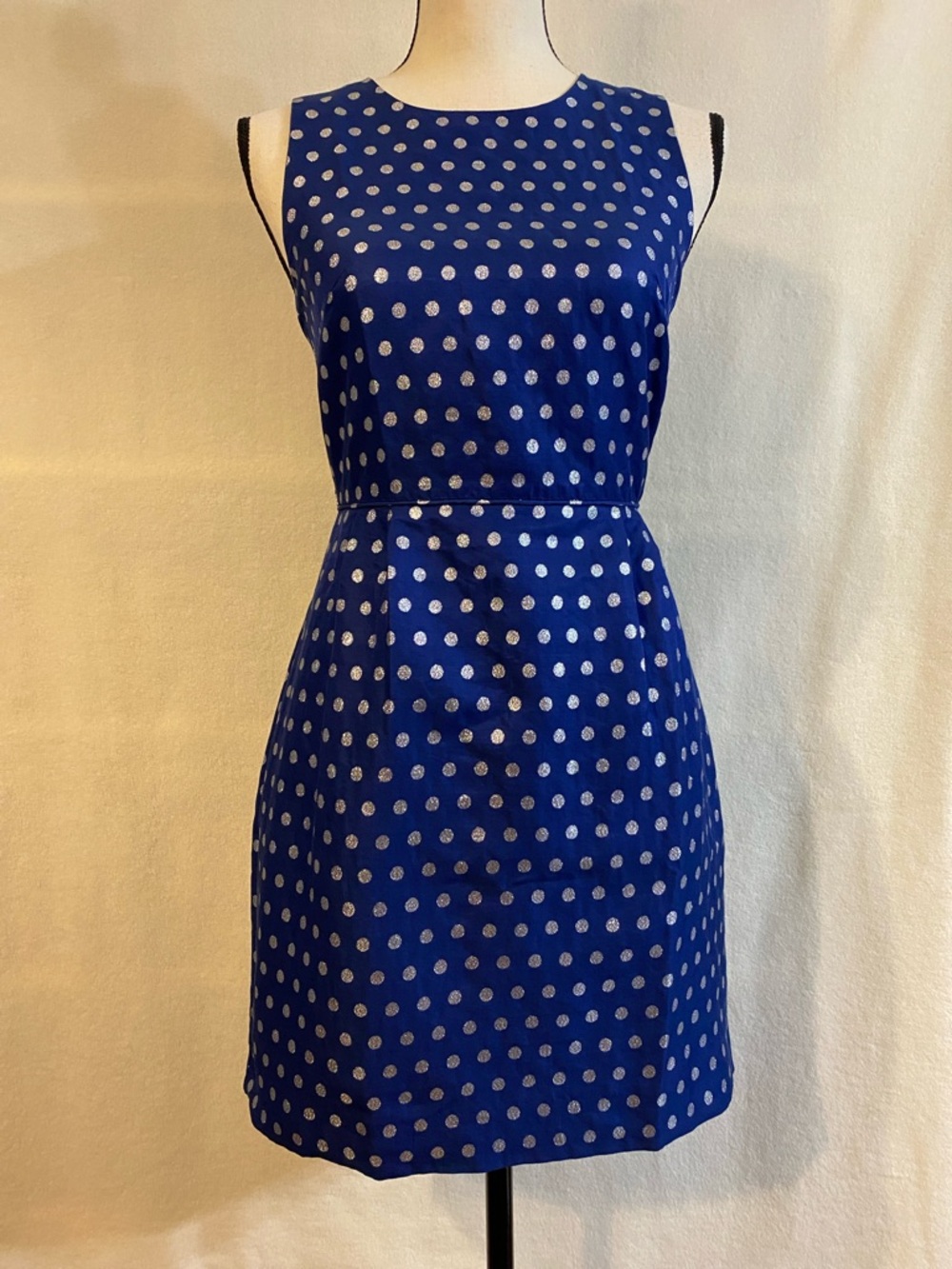 J. Crew blue shimmer polka dot sheath dress